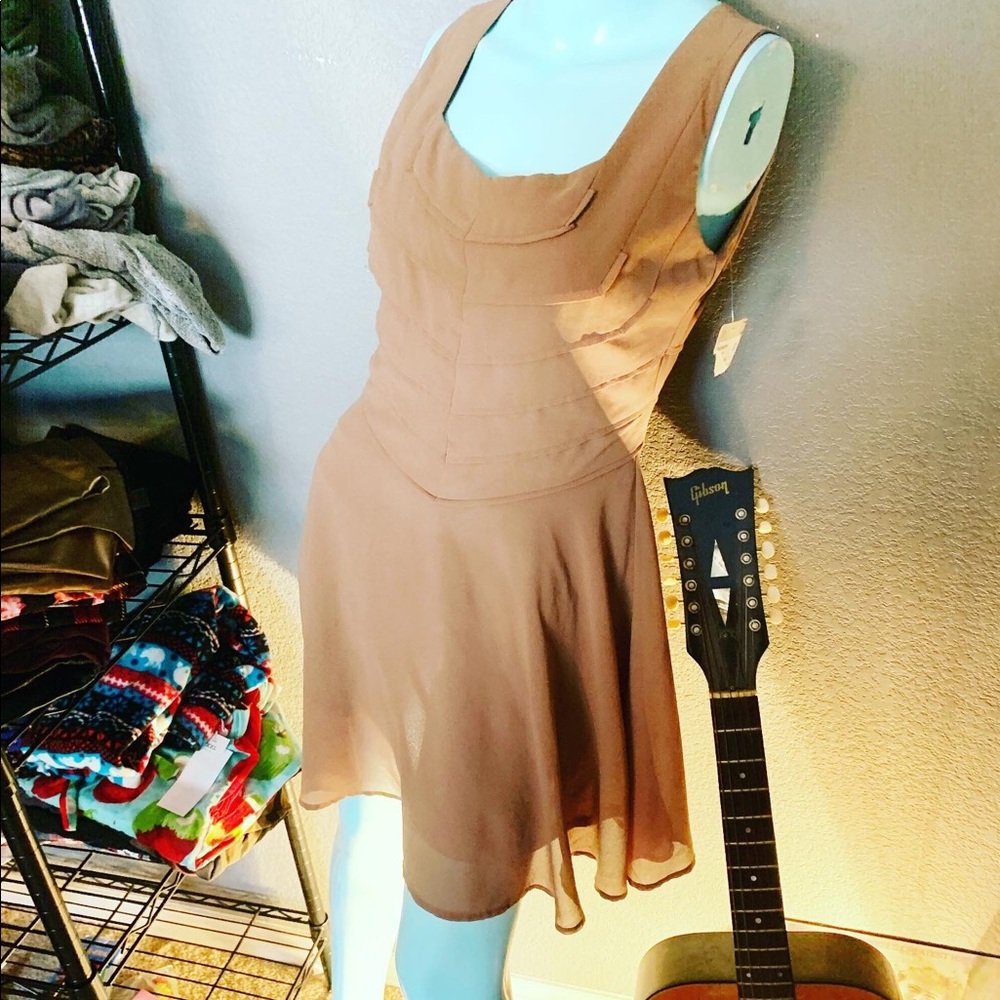 NWT Doe and Rae ANTHROPOLOGIE Mocha Chiffon Dress small lined.